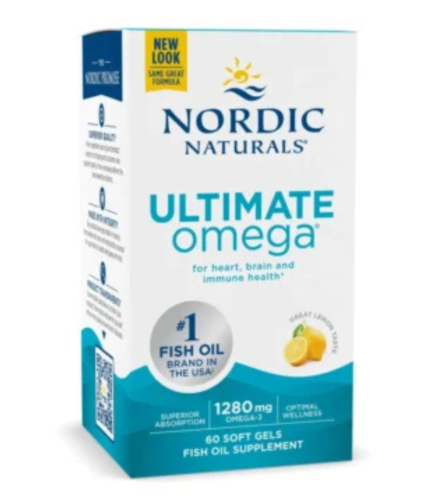Nordic Naturals Ultimate Omega fish oil box with blue and white design on a white background.