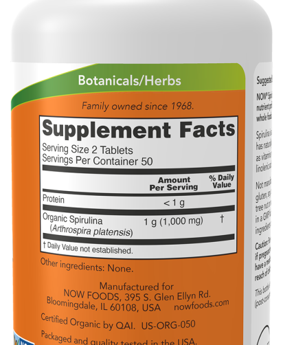 SpirulinaNOW Foods Certified Organic Spirulina 500 mg 100 supplements