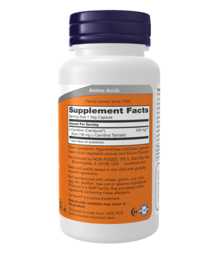 NOW L-Carnitine -- 500 mg - 60 Veg Capsules supplement facts