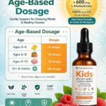 Easy Age-Based Dosage label with a dosage table and a bottle of Kids Folinic Acid drops beside raspberries and a sun badge.