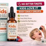 Box and dropper bottle labeled Kids Folinic Acid 5-MTHF Drops, No Bitter Taste, Easy Daily Drops, with a smiling mom and child nearby Kong berries on the side.