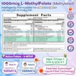 Supplement facts panel for 1000 mcg L-Methylfolate gummies, with separate adult and kid servings and ingredient list.