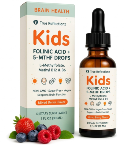 Box and dropper bottle of Kids Folinic Acid + 5-MTHF Drops in Mixed Berry flavor; dietary supplement, 1 fl oz, with berries in front