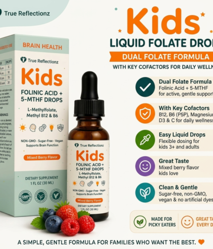 Advert for True Reflectionz Kids Folinic Acid + 5-MTHF Drops showing a boxed product, dropper bottle, and berry flavor at the side with benefits listed on the right side of the ad.