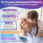 Promotional image for essential methylated B vitamins (L-5-Methylfolate; Methyl B12 & B6; Plus TMG) highlighting brain/mood support, with a smiling woman and child in the background.
