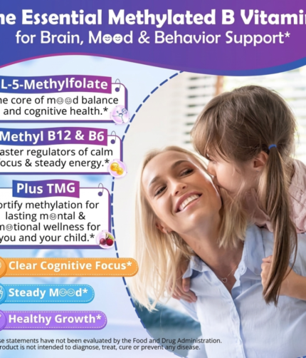 Promotional image for essential methylated B vitamins (L-5-Methylfolate; Methyl B12 & B6; Plus TMG) highlighting brain/mood support, with a smiling woman and child in the background.