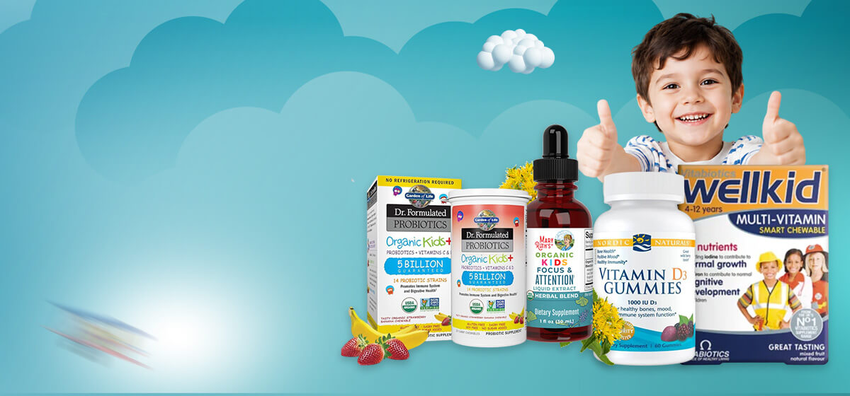 Happy child giving thumbs up beside a row of kids vitamins and supplements on a blue sky backdrop, conveying trust and health.1