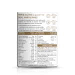 Back-of-bottle vitamin label detailing nutrients for skin, hair, and nails with daily directions for one tablet