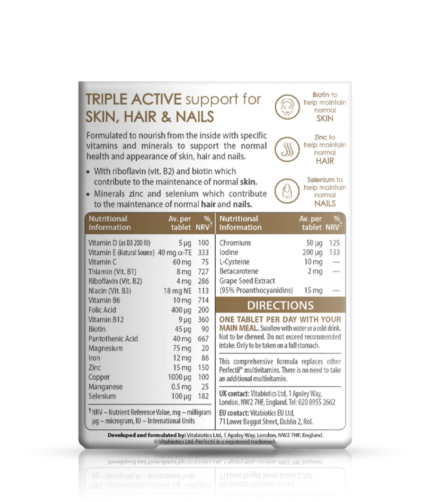 Back-of-bottle vitamin label detailing nutrients for skin, hair, and nails with daily directions for one tablet