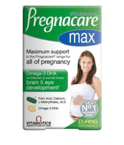 Prenatal vitamin box labeled Pregnacare Max with a pregnant woman image and notes on omega-3 DHA for brain and eye development (Vitabiotics).