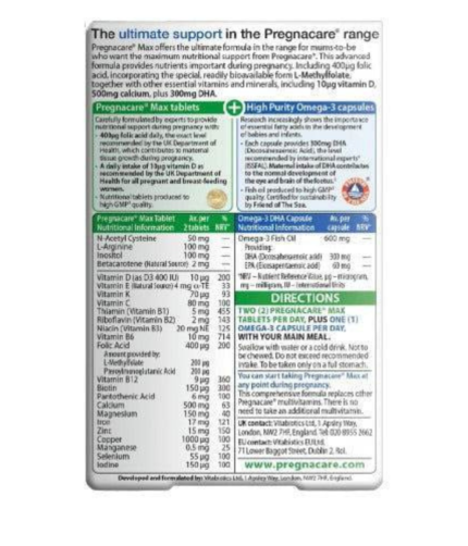 Product label for Pregnacare: a prenatal vitamin and Omega-3 supplement with directions and nutrient information in a two-part package