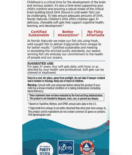 Back panel of a Children's DHA box with product info, sustainability icons, usage instructions, warnings, and logos at the bottom.