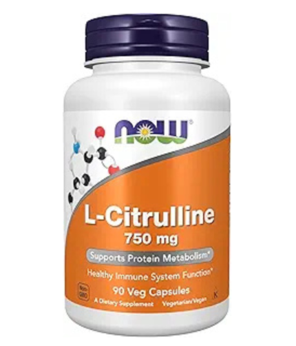 NOW L-Citrulline 750 mg dietary supplement bottle with purple cap, 90 veggie capsules