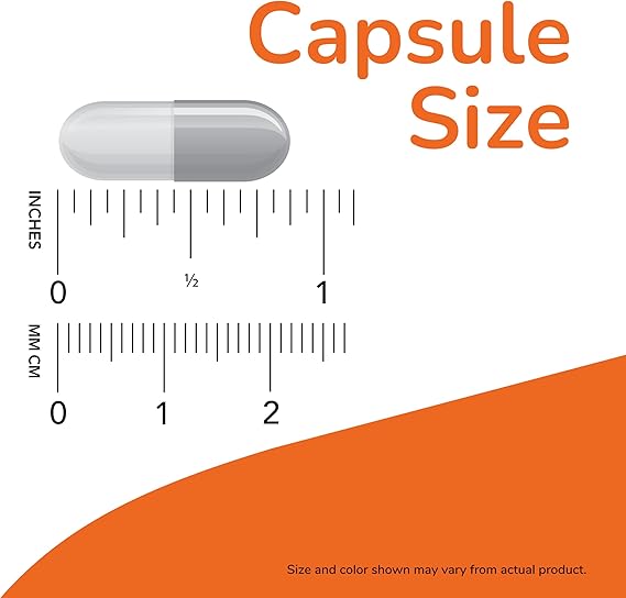 Now L-citrulline 750 ,3 Capsule next to inch and cm rulers labeled 'Capsule Size', illustrating capsule measurements with a note that size and color may vary.