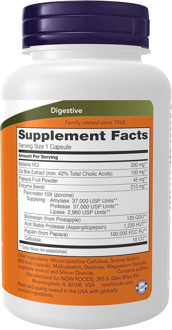Super Enzymes 2 White supplement bottle with a purple cap and an orange label showing a detailed 'Supplement Facts' panel and ingredients list.