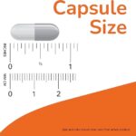 Capsule size infographic: gray capsule next to inch and cm rulers; note at bottom says size and color may vary.