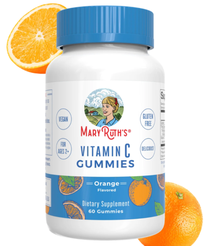 MaryRuth's Vitamin C Gummies bottle (orange flavor) with graphic oranges, highlighting vegan and gluten-free claims.