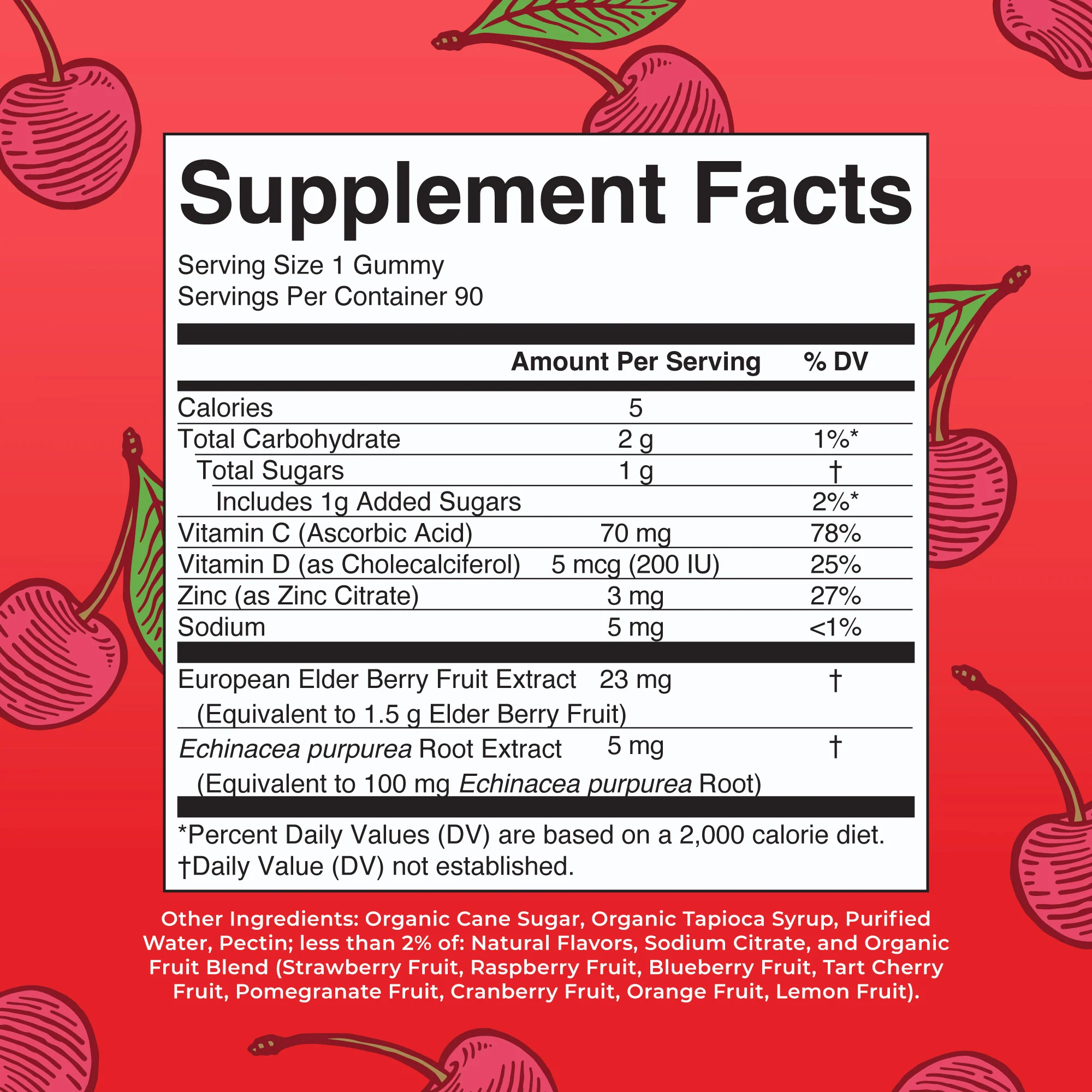 immunity-gummies-cherry-supplement-facts-maryruths Supplement Facts panel on a red cherry-themed background; text shows serving size 1 gummy and nutrition rows like calories and vitamins (Vitamins C/D) with a bold 'Supplement Facts' header.