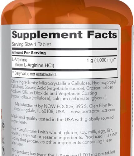 Orange supplement bottle with a white label showing 'Supplement Facts' and 'L-Arginine 1 g (1000 mg) per serving'