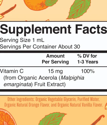 Supplement Facts panel on an orange label with a white box listing serving size and vitamin information against a fruit-themed background