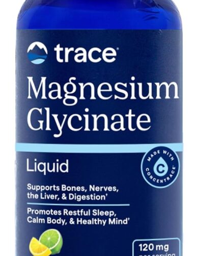 Trace Magnesium Glycinate liquid supplement bottle in blue with Lemon Lime flavor, 120 mg per serving on the label.