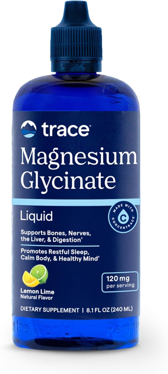 Trace Magnesium Glycinate liquid supplement bottle in blue with Lemon Lime flavor, 120 mg per serving on the label.