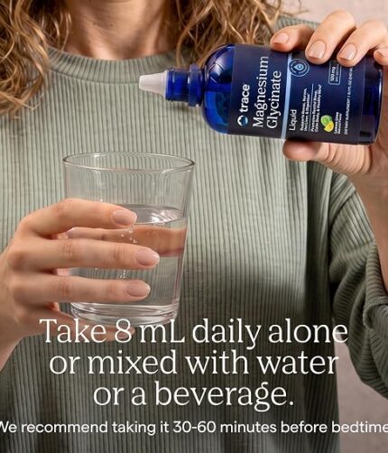 Person pours magnesium glycinate liquid from a blue bottle into a glass; label reads 'Magnesium Glycinate'. The image includes dosing text about 8 mL daily carried for bedtime use.