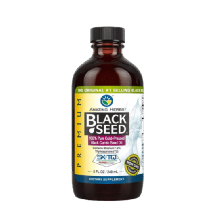 Bottle of cold pressed black seed oil (Kalonji oil) made from Nigella sativa seeds with natural health and wellness benefits.