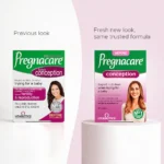 Comparison of old and new Pregnacare Conception boxes: left shows the previous look, right shows the fresh packaging on a pedestal against a pink backdrop (same formula).