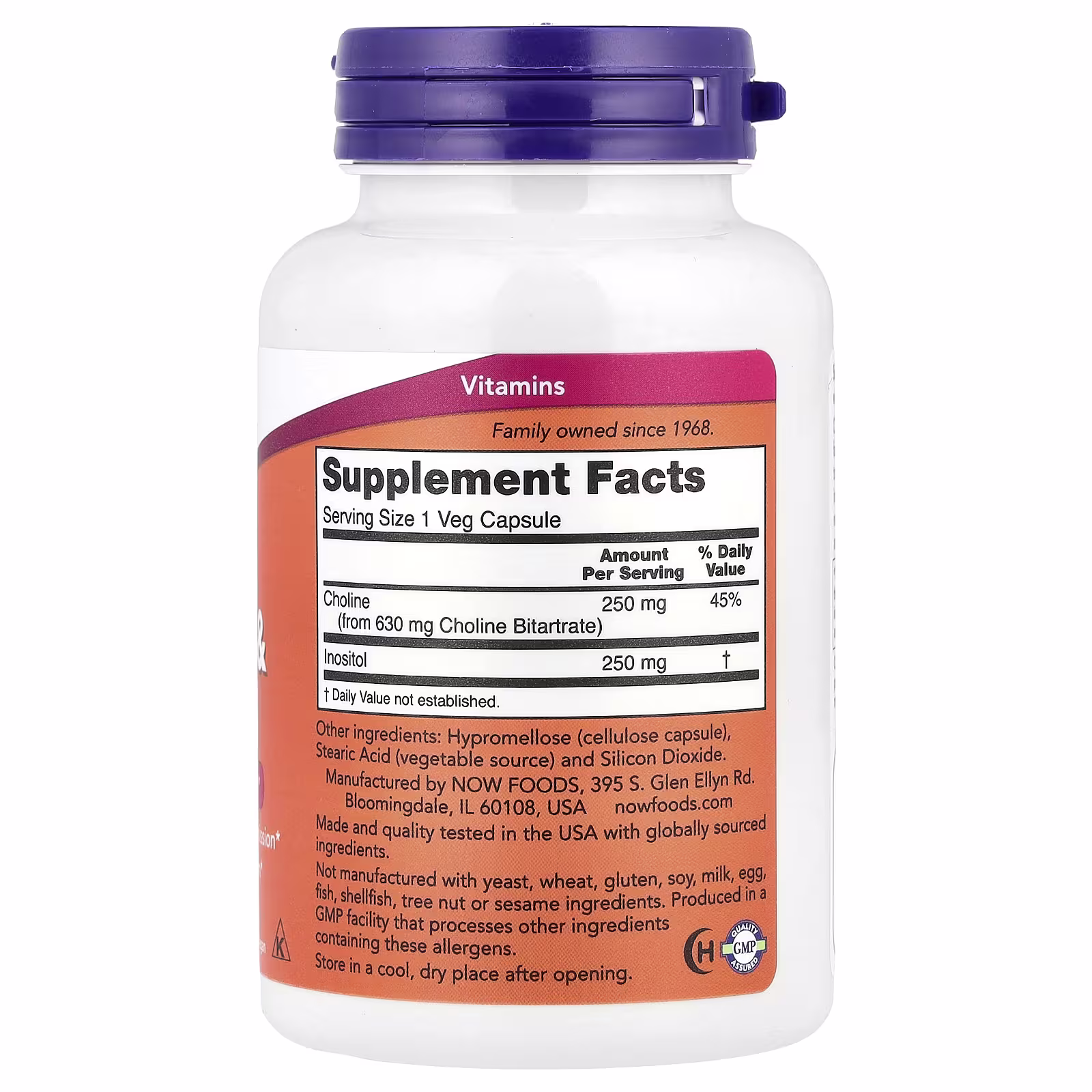 Choline & Inositol, 100 Veg Capsules 2 White vitamin bottle with a purple cap; label shows 'Supplement Facts' and serving size '1 Veg Capsule' on an orange panel