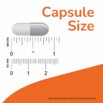 Capsule-sized pill graphic over a ruler showing measurement in inches and centimeters, with 'Capsule Size' in orange text.