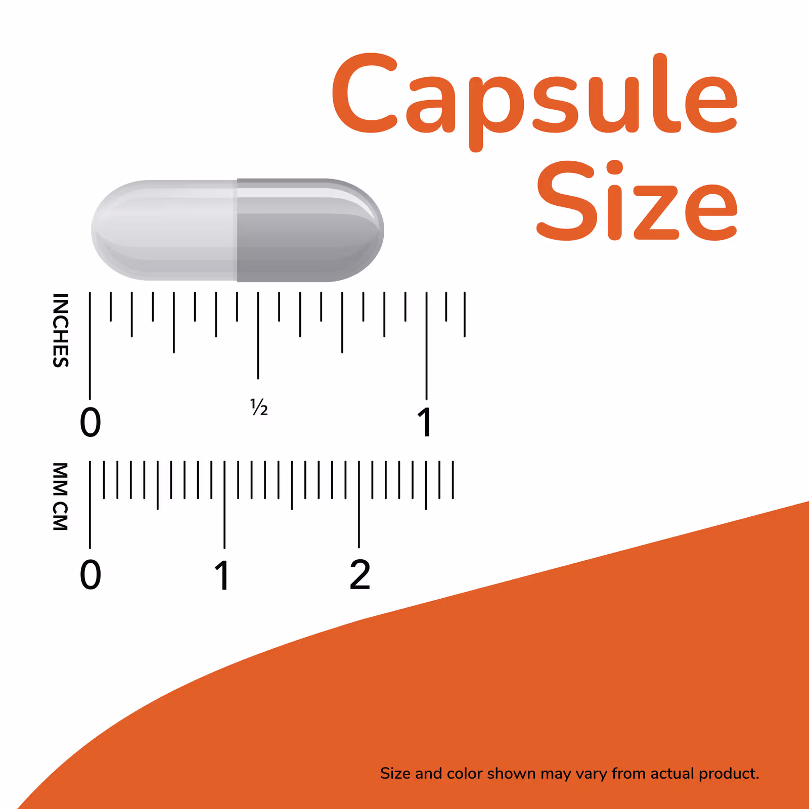 Choline & Inositol, 100 Veg Capsules 3 Capsule-sized pill graphic over a ruler showing measurement in inches and centimeters, with 'Capsule Size' in orange text.