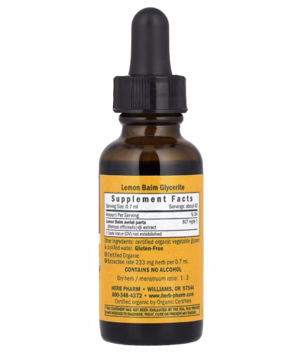 Brown glass dropper bottle labeled Lemon Balm Glycerite, herbal dietary supplement.