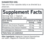 Supplement Facts label: serving size 1 capsule, 120 servings per container; calcium 42 mg, phosphorus 32 mg, betaine 500 mg; daily values listed.