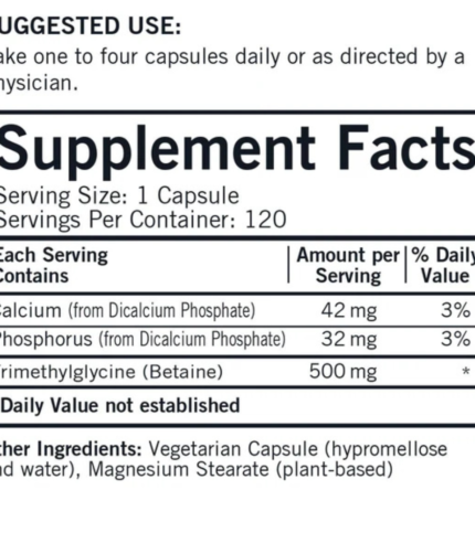 Supplement Facts label: serving size 1 capsule, 120 servings per container; calcium 42 mg, phosphorus 32 mg, betaine 500 mg; daily values listed.