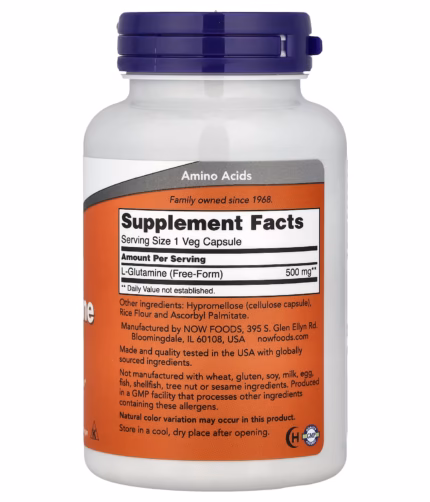 White vitamin bottle with a purple cap; orange label shows 'Supplement Facts' and 'Amino Acids' at the top.