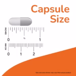 Capsule image beside a ruler showing size reference and the orange text 'Capsule Size'—illustrating capsule dimensions.