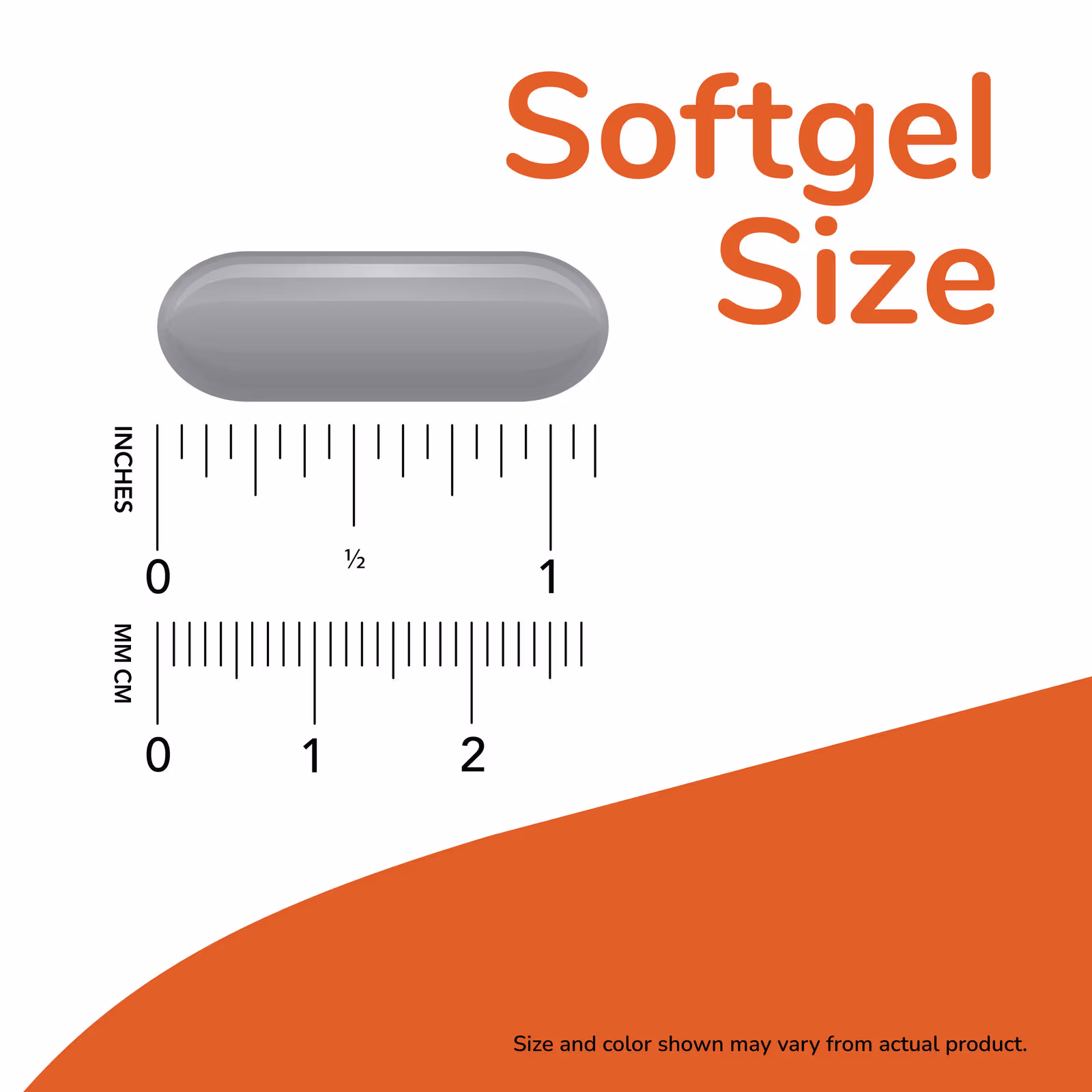NOW Foods, Boswellia Extract 3 Grey oval softgel capsule shown next to a ruler for size reference with the text 'Softgel Size' in orange