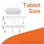 Tablet capsule graphic beside a ruler showing inches and centimeters, with the words 'Tablet Size' in orange.
