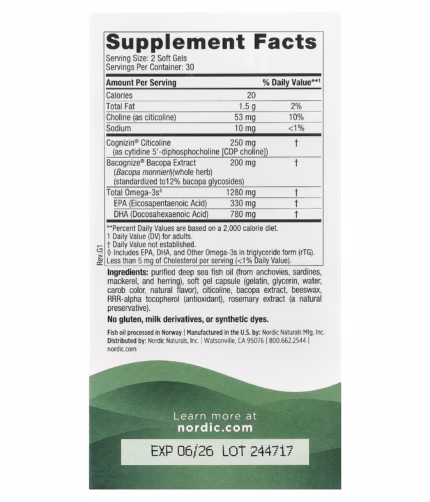 Supplement Facts panel listing serving size, calories, fats, choline, sodium, and ingredients like omega-3s and Bacopa extract.