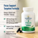 Nordic Naturals Focus Support bottle with bullet list highlighting omega-3 blend and cognitive benefits.