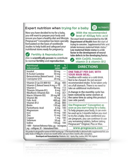 Pregnancy supplement package with directions, nutrient table, and cautions for daily use (one tablet per day).