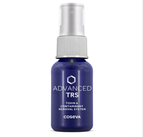 Bottle of TRS Detox liquid supplement featuring nano-activated clinoptilolite zeolite in purified water for natural detox support.
