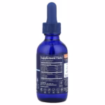 Blue glass dropper bottle with a ribbed blue cap; label shows 'Supplement Facts' indicating a dietary supplement container