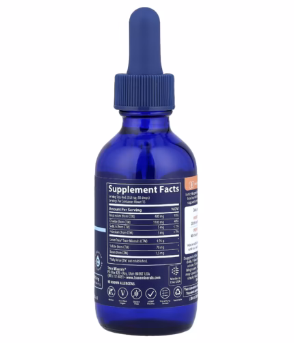 Blue glass dropper bottle with a ribbed blue cap; label shows 'Supplement Facts' indicating a dietary supplement container