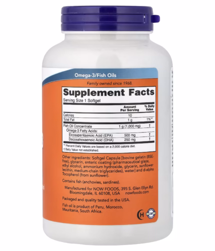White plastic supplement bottle with a purple cap; label shows omega-3/fish oils and a prominent 'Supplement Facts' panel on an orange background.