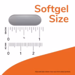 Gray softgel capsule beside a ruler showing scale for size comparison. May indicate product dimensions (inches and cm).