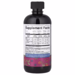 Dark glass supplement bottle with a large 'Supplement Facts' panel on the label and a black cap, plus a purple berry-patterned band near the bottom.