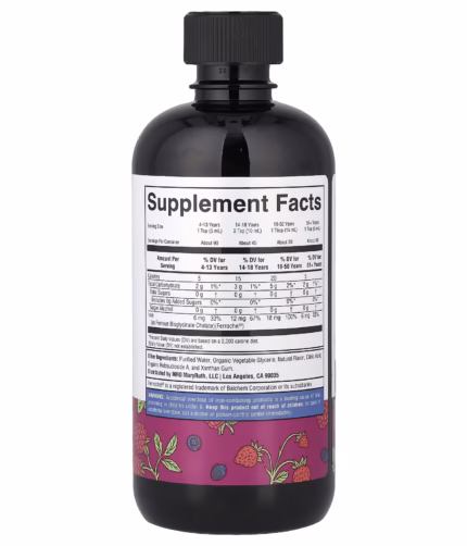 Dark glass supplement bottle with a large 'Supplement Facts' panel on the label and a black cap, plus a purple berry-patterned band near the bottom.