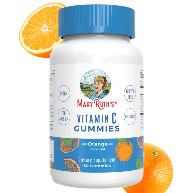 Bottle of MaryRuth's Vitamin C Gummies (orange flavor) with orange slices in the background, front label visible.